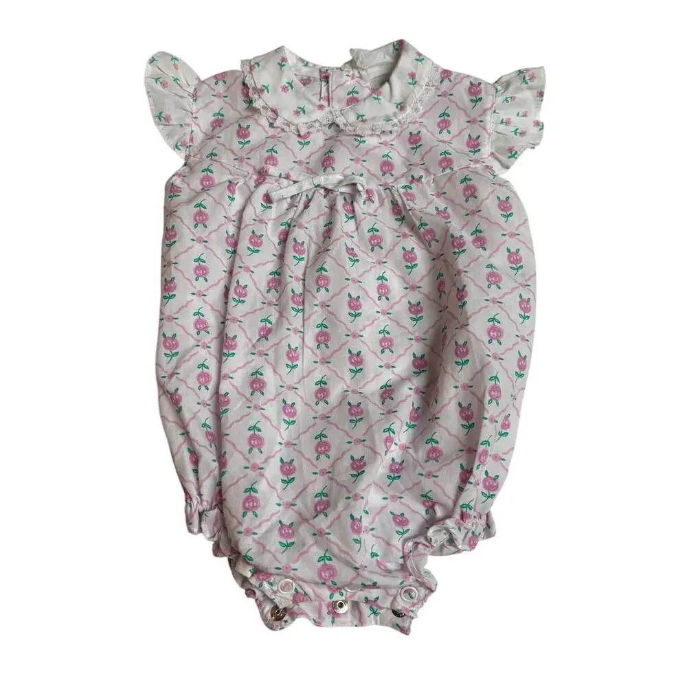 Vintage 80s Baby Girl Cottagecore Apron Dress Blue Romper Pink Lace‎ Prairie 12M